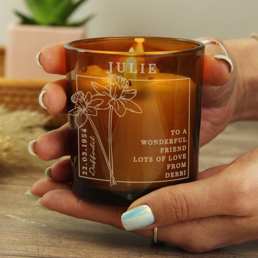 Personalised March Daffodil Birth Flower Amber Glass Jar Candle Extra Image 3